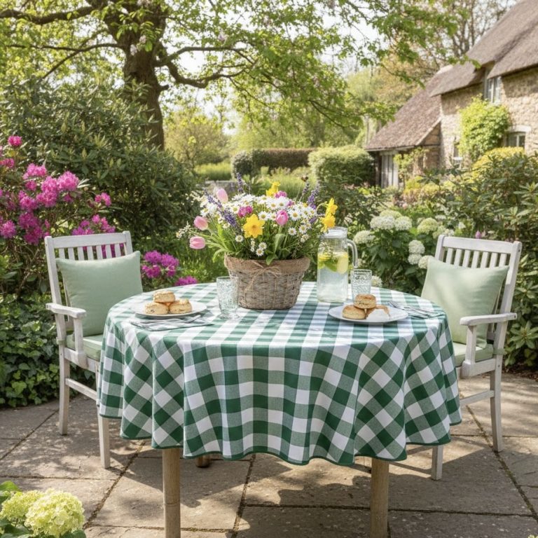 Rond tafelkleed groen geruit boerenbont Bellebien lente sfeer