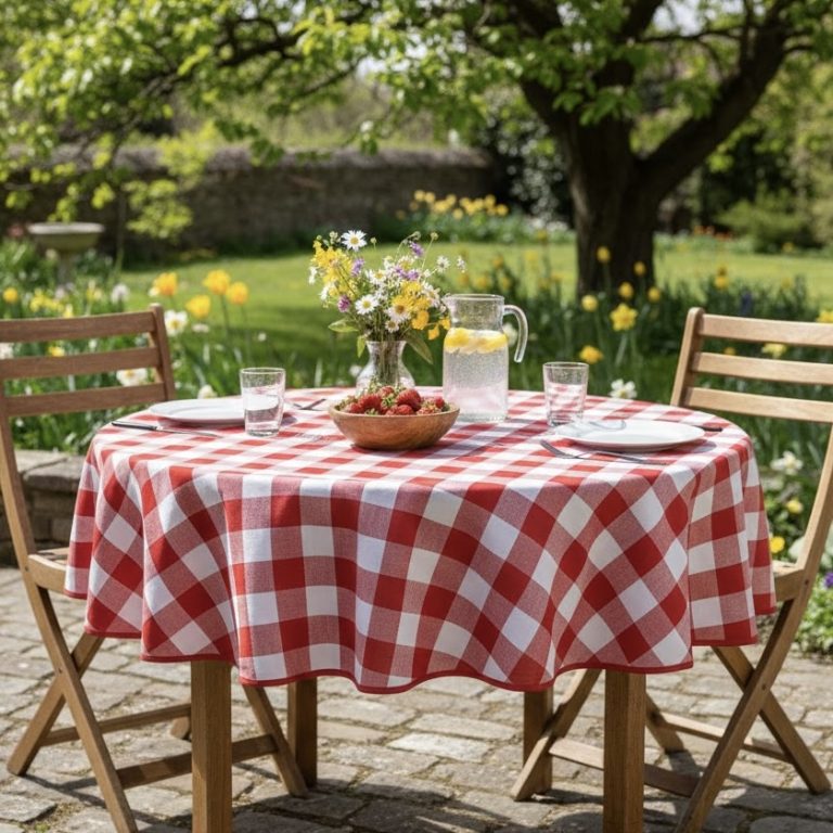 Rood geruit tafelkleed rond boerenbont Bellebien lente sfeer