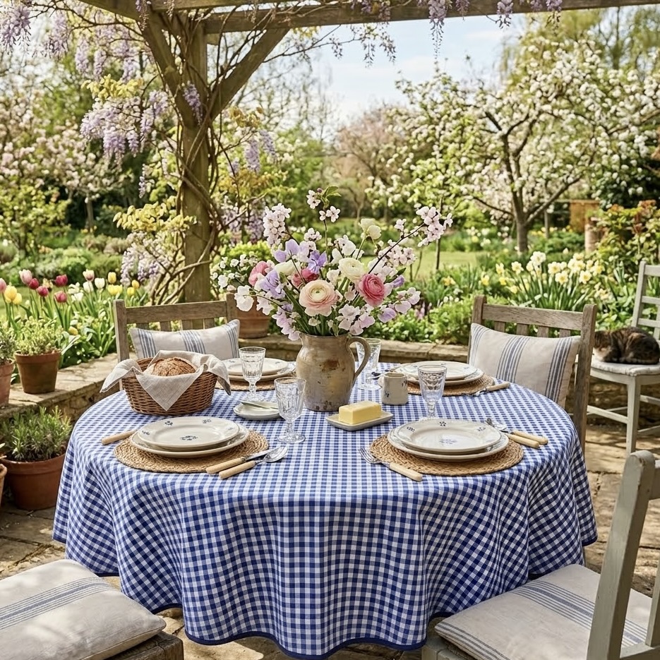 Lente tafelkleed rond blauw geruit Bellebien