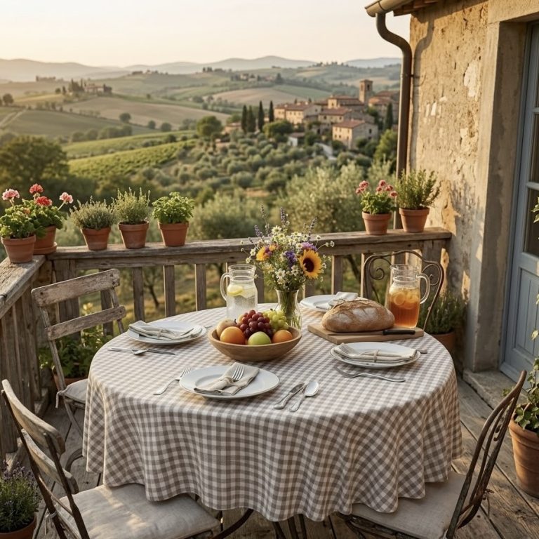 Rond Provencaals tafelkleed voor buiten taupe geruit gecoat Bellebien