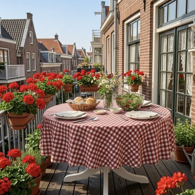 Rond tuin tafelkleed rood geruit boerenbont Frans Bellebien