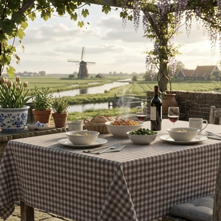 Tafelkleed taupe geruit gecoat Frans Bellebien