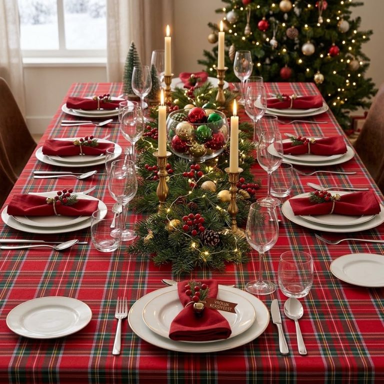 Kerst tafelkleed Schotse Ruit rood Bellebien